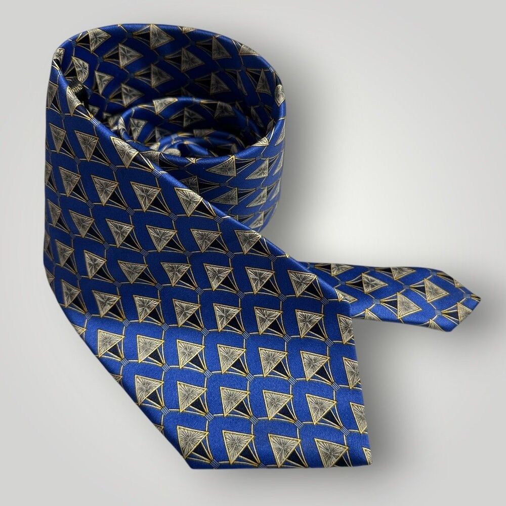 LANVIN Silk Tie Geometric 100% Silk Necktie Yellow/Blue/Navy Made in France